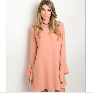 Stitched Shoulders With Bell Sleeve Mini Dress In Peach Pink NWT